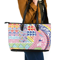 Maori Kowhaiwhai Taniko Patchwork Rainbow Motifs Leather Tote Bag