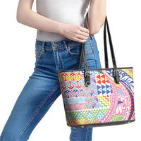 Maori Kowhaiwhai Taniko Patchwork Rainbow Motifs Leather Tote Bag