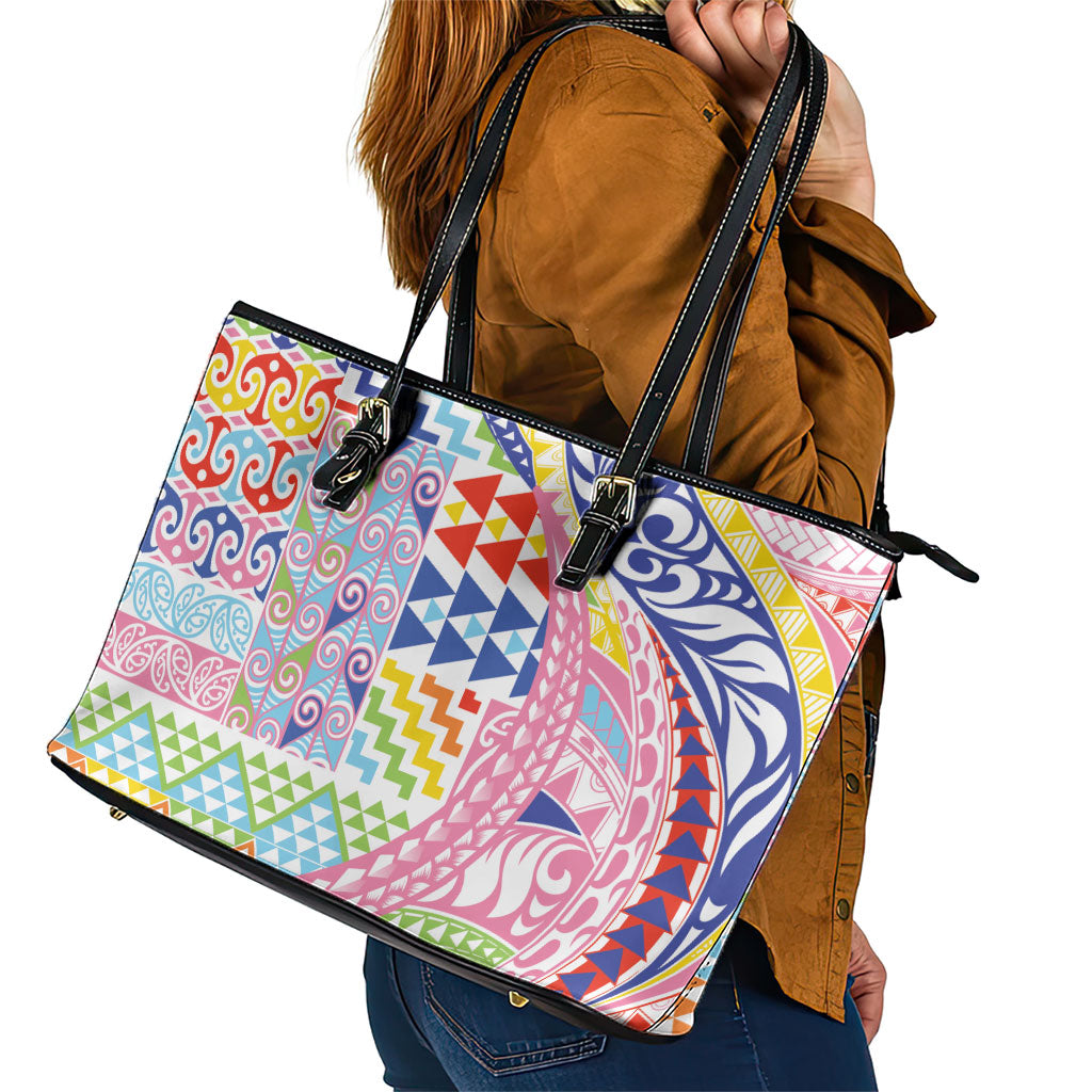 Maori Kowhaiwhai Taniko Patchwork Rainbow Motifs Leather Tote Bag