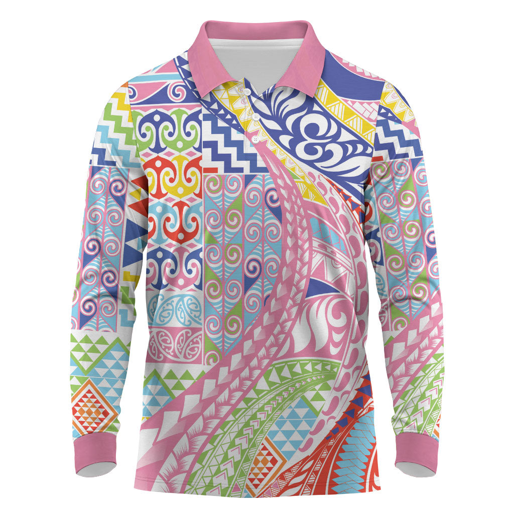 Maori Kowhaiwhai Taniko Patchwork Rainbow Motifs Long Sleeve Polo Shirt LT9 Rainbow - Polynesian Pride
