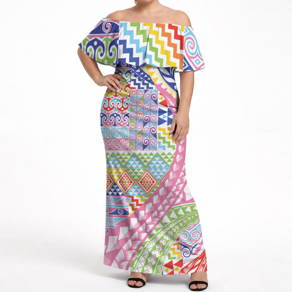 Maori Kowhaiwhai Taniko Patchwork Rainbow Motifs Off Shoulder Maxi Dress