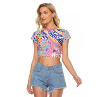 Maori Kowhaiwhai Taniko Patchwork Rainbow Motifs Raglan Cropped T Shirt