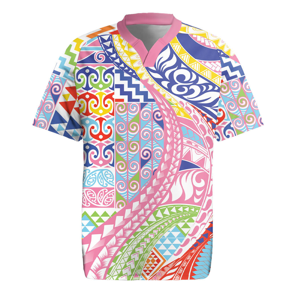 Maori Kowhaiwhai Taniko Patchwork Rainbow Motifs Rugby Jersey