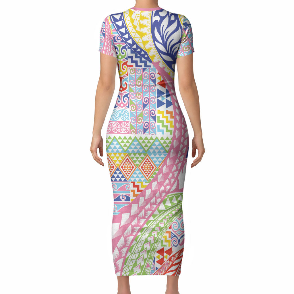 Maori Kowhaiwhai Taniko Patchwork Rainbow Motifs Short Sleeve Bodycon Dress