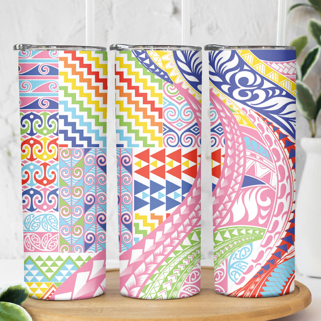 Maori Kowhaiwhai Taniko Patchwork Rainbow Motifs Skinny Tumbler