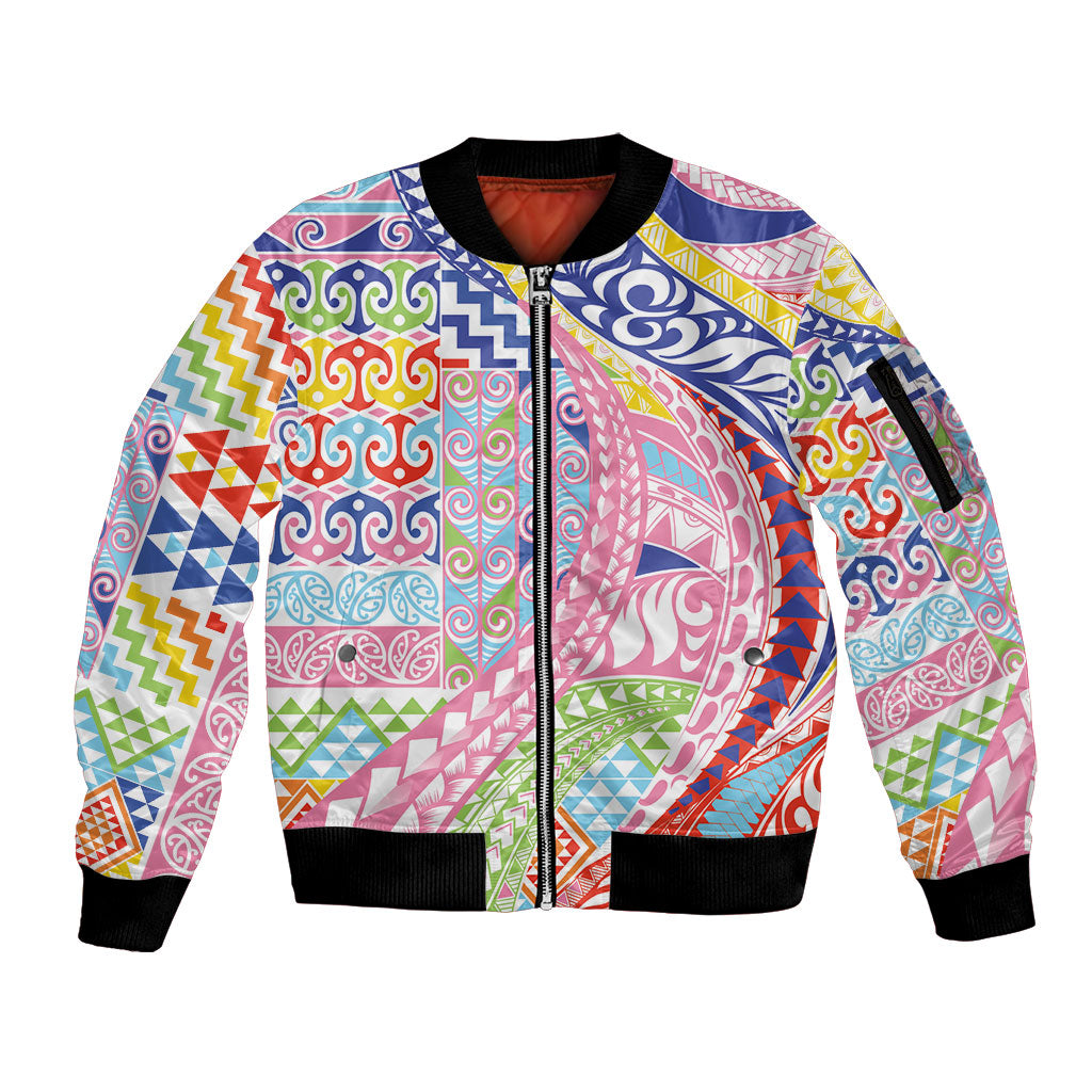 Maori Kowhaiwhai Taniko Patchwork Rainbow Motifs Sleeve Zip Bomber Jacket LT9 Unisex Rainbow - Polynesian Pride