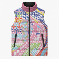 Maori Kowhaiwhai Taniko Patchwork Rainbow Motifs Sleeveless Puffer Jacket