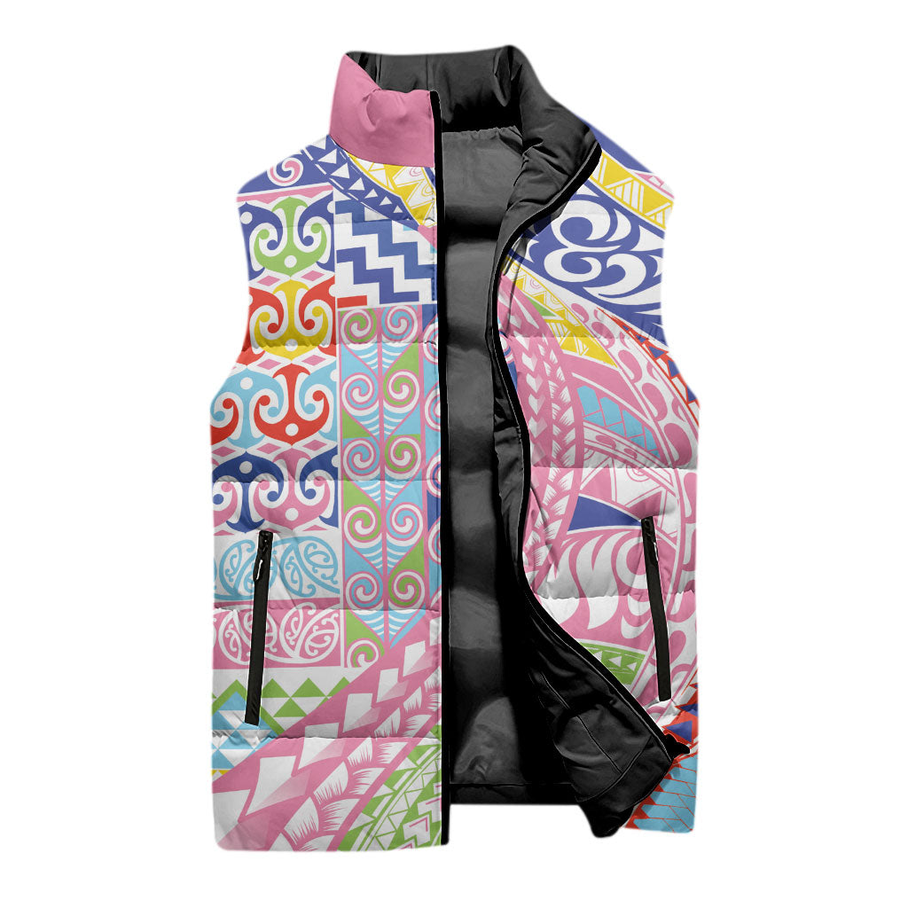 Maori Kowhaiwhai Taniko Patchwork Rainbow Motifs Sleeveless Puffer Jacket
