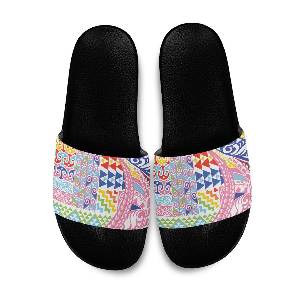 Maori Kowhaiwhai Taniko Patchwork Rainbow Motifs Slide Sandals LT9 Rainbow - Polynesian Pride