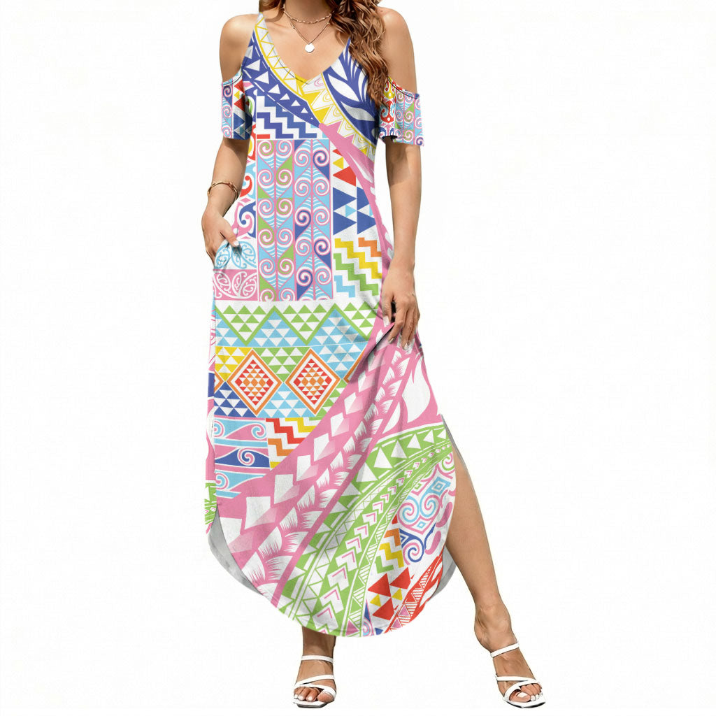 Maori Kowhaiwhai Taniko Patchwork Rainbow Motifs Summer Maxi Dress