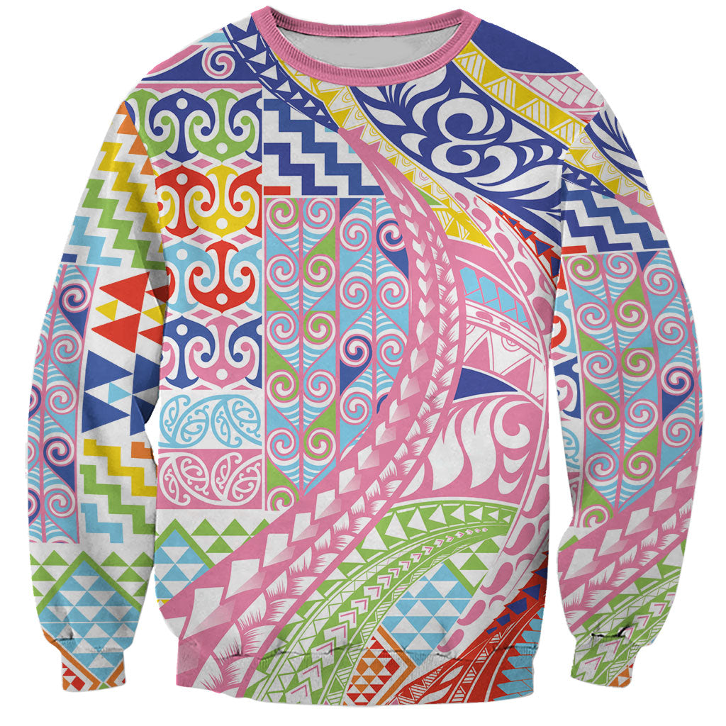Maori Kowhaiwhai Taniko Patchwork Rainbow Motifs Sweatshirt LT9 Unisex Rainbow - Polynesian Pride