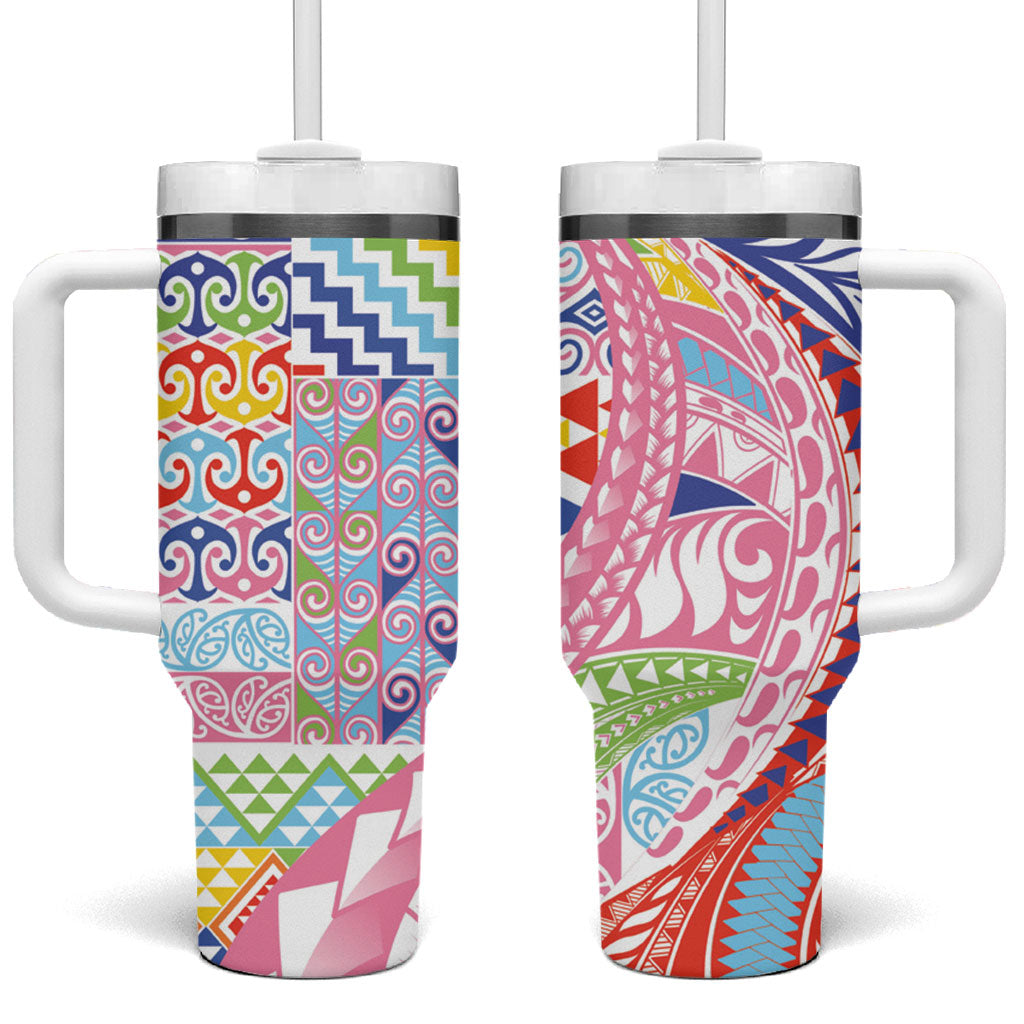 Maori Kowhaiwhai Taniko Patchwork Rainbow Motifs Tumbler With Handle LT9 One Size: 40 oz Rainbow - Polynesian Pride