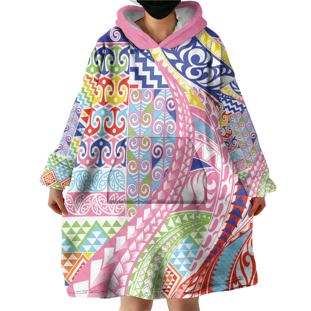 Maori Kowhaiwhai Taniko Patchwork Rainbow Motifs Wearable Blanket Hoodie