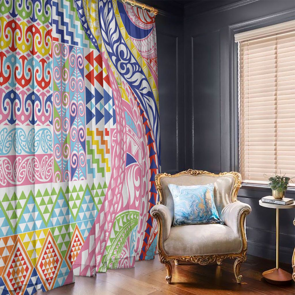 Maori Kowhaiwhai Taniko Patchwork Rainbow Motifs Window Curtain