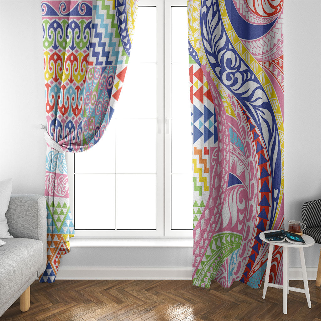 Maori Kowhaiwhai Taniko Patchwork Rainbow Motifs Window Curtain