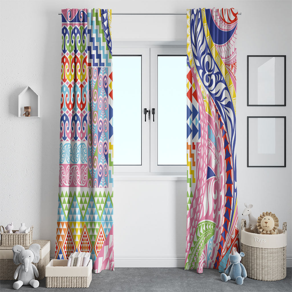 Maori Kowhaiwhai Taniko Patchwork Rainbow Motifs Window Curtain