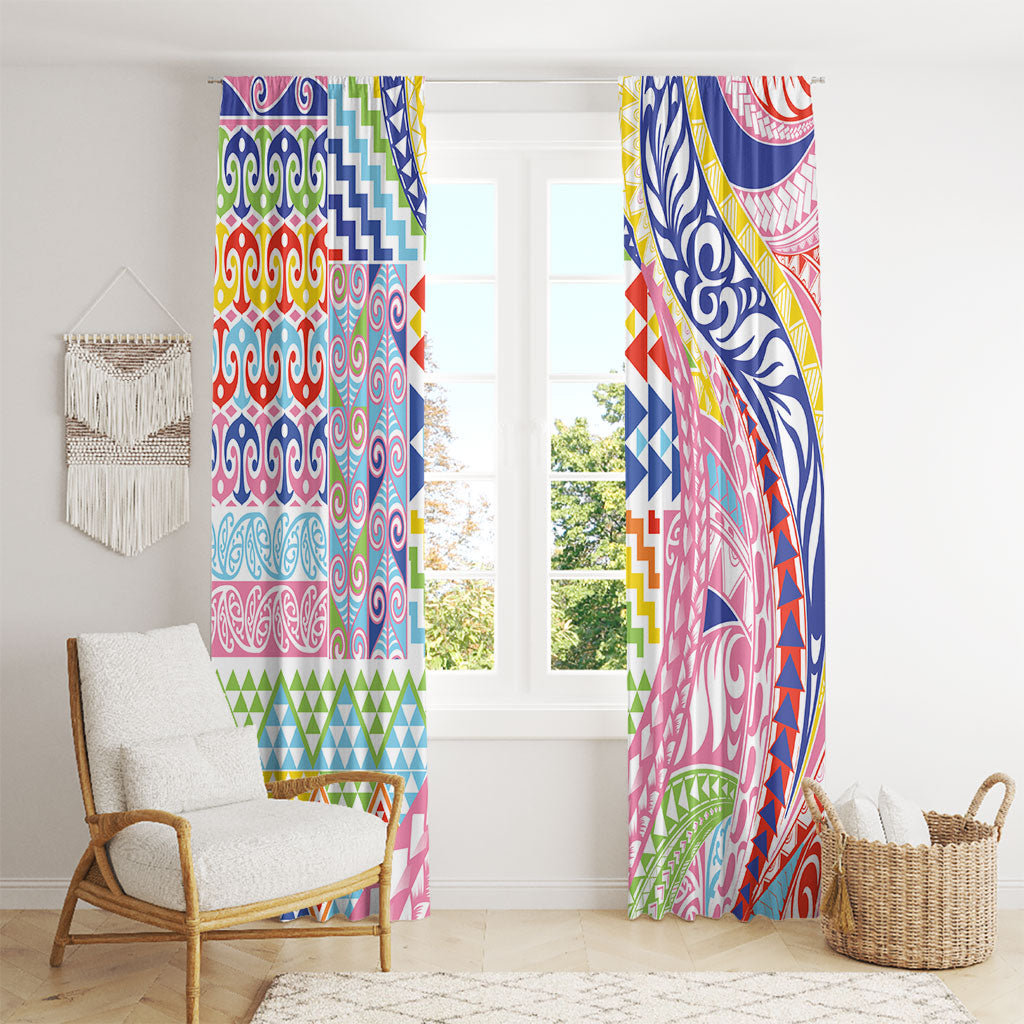 Maori Kowhaiwhai Taniko Patchwork Rainbow Motifs Window Curtain