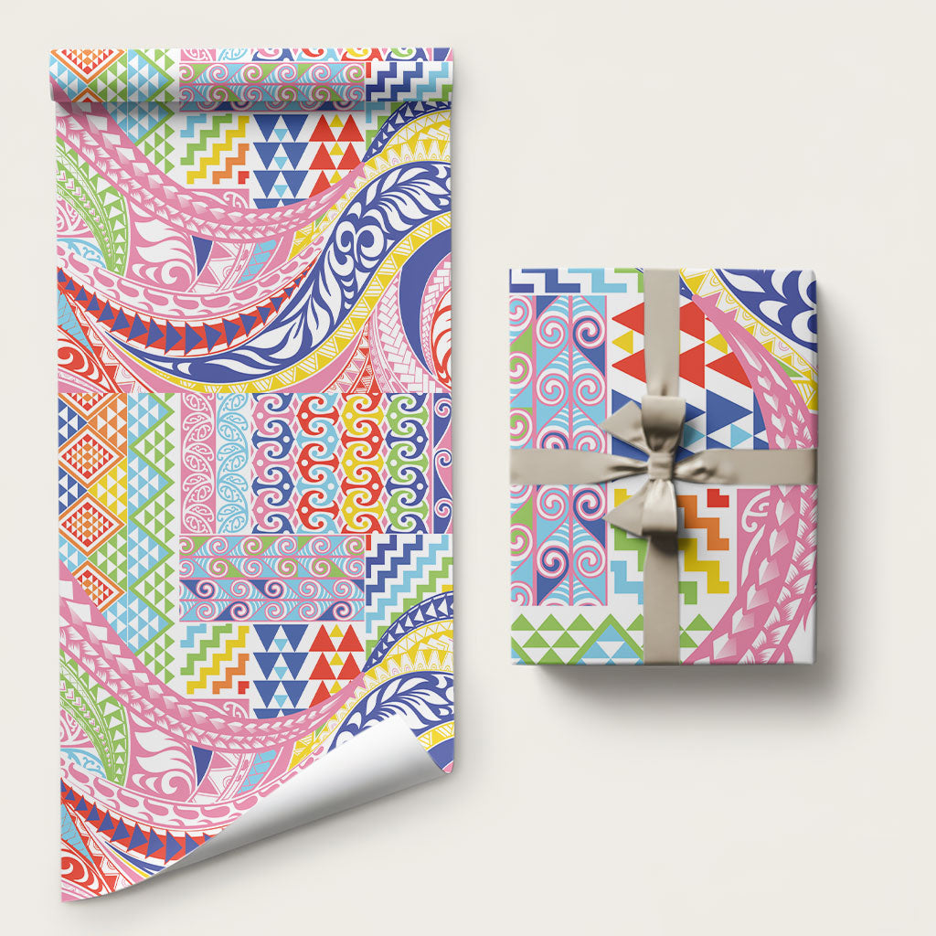 Maori Kowhaiwhai Taniko Patchwork Rainbow Motifs Wrapping Paper LT9 58" × 23" Rainbow - Polynesian Pride