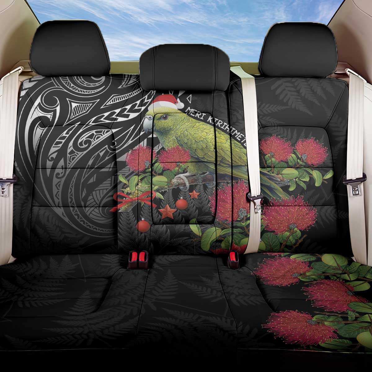 Meri Kirihimete Kakapo Back Car Seat Cover Black Silver Fern Christmas Vibe