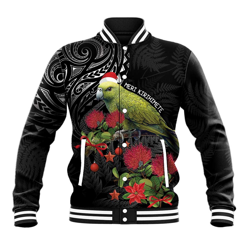 Meri Kirihimete Kakapo Baseball Jacket Black Silver Fern Christmas Vibe LT9 Unisex Black - Polynesian Pride