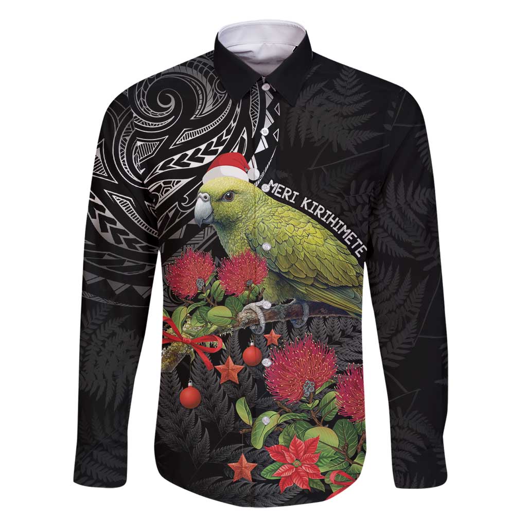 Meri Kirihimete Kakapo Family Matching Off Shoulder Maxi Dress and Hawaiian Shirt Black Silver Fern Christmas Vibe LT9 Dad's Shirt - Long Sleeve Black - Polynesian Pride