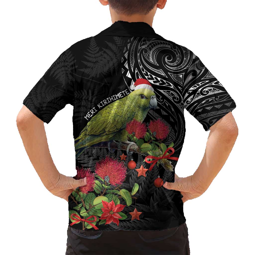 Meri Kirihimete Kakapo Family Matching Off Shoulder Short Dress and Hawaiian Shirt Black Silver Fern Christmas Vibe LT9 - Polynesian Pride