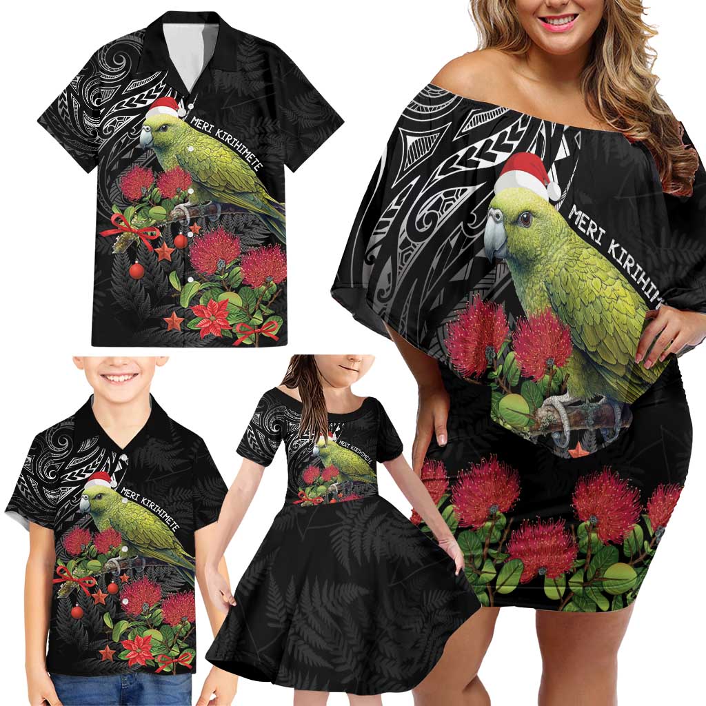Meri Kirihimete Kakapo Family Matching Off Shoulder Short Dress and Hawaiian Shirt Black Silver Fern Christmas Vibe LT9 - Polynesian Pride