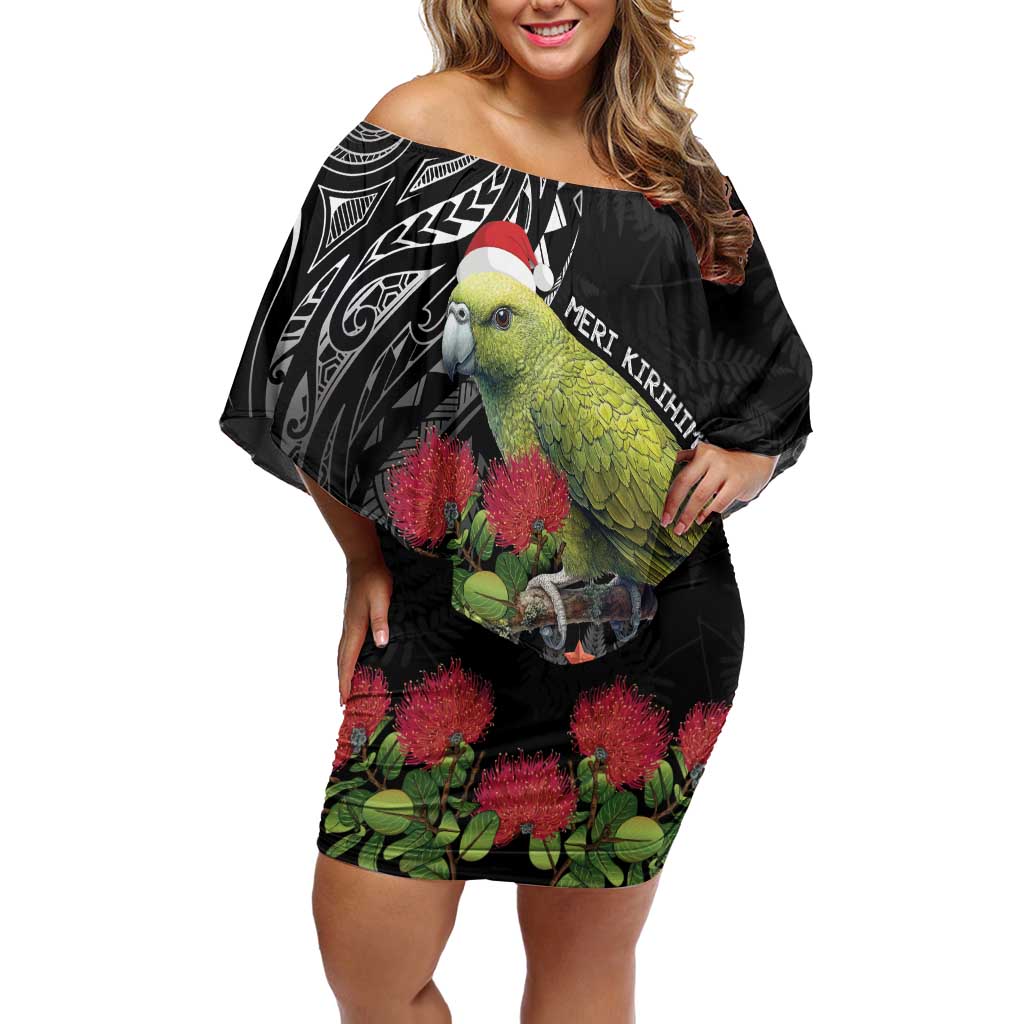 Meri Kirihimete Kakapo Family Matching Off Shoulder Short Dress and Hawaiian Shirt Black Silver Fern Christmas Vibe LT9 Mom's Dress Black - Polynesian Pride