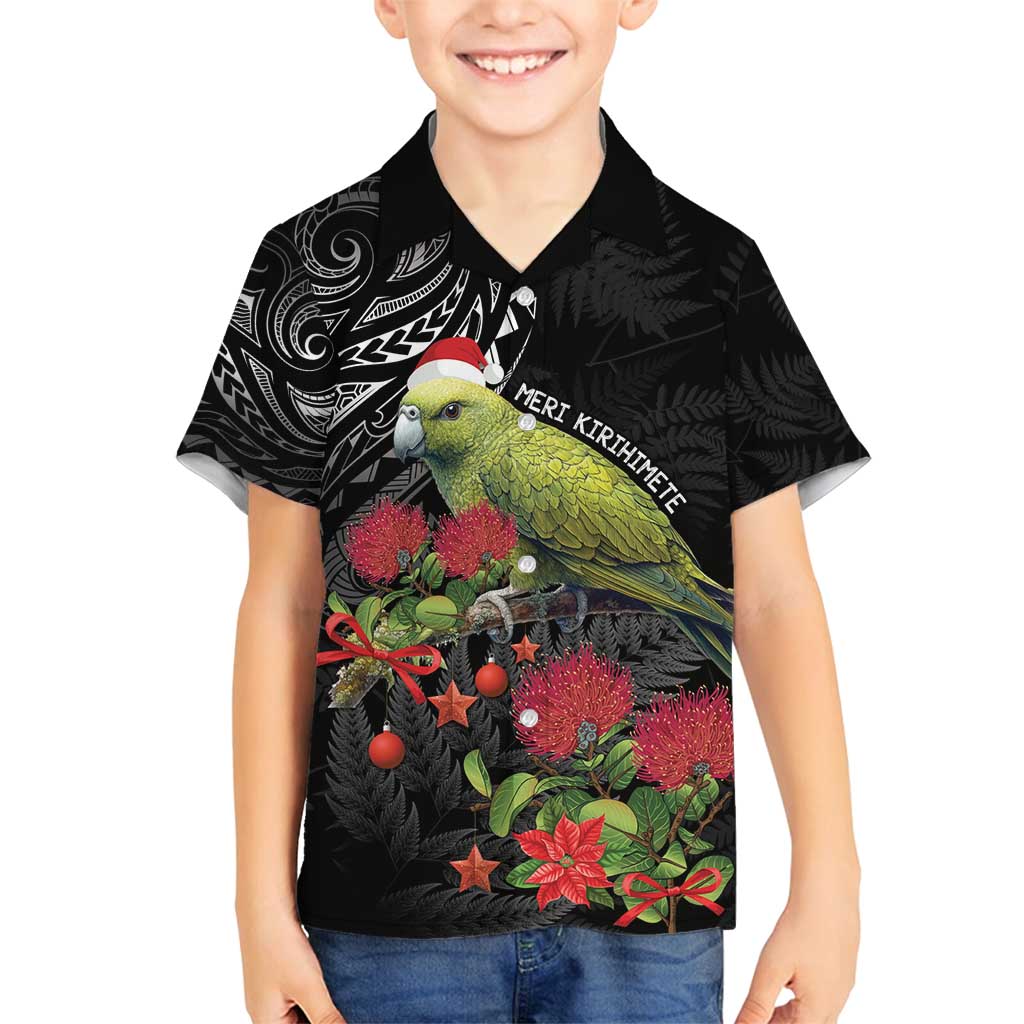 Meri Kirihimete Kakapo Family Matching Off Shoulder Short Dress and Hawaiian Shirt Black Silver Fern Christmas Vibe LT9 Son's Shirt Black - Polynesian Pride