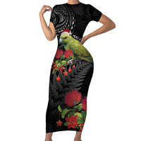 Meri Kirihimete Kakapo Family Matching Short Sleeve Bodycon Dress and Hawaiian Shirt Black Silver Fern Christmas Vibe