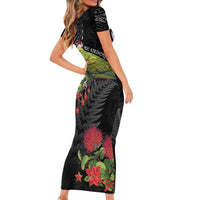 Meri Kirihimete Kakapo Family Matching Short Sleeve Bodycon Dress and Hawaiian Shirt Black Silver Fern Christmas Vibe