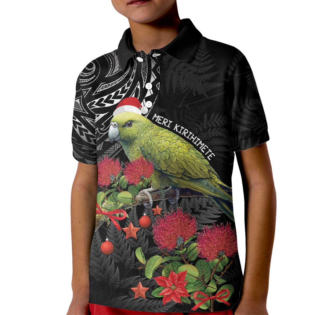 Meri Kirihimete Kakapo Kid Polo Shirt Black Silver Fern Christmas Vibe LT9 Kid Black - Polynesian Pride