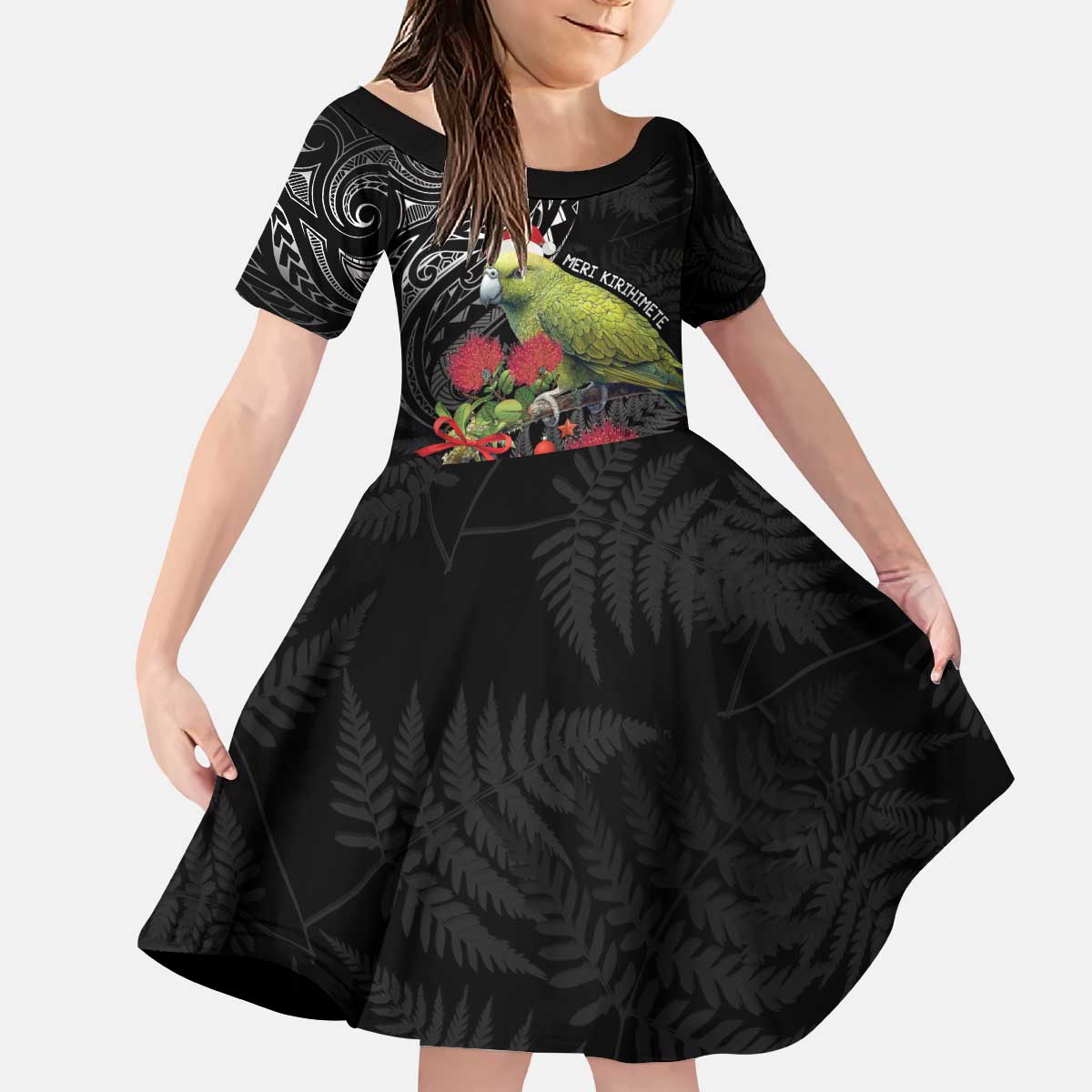 Meri Kirihimete Kakapo Kid Short Sleeve Dress Black Silver Fern Christmas Vibe LT9 KID Black - Polynesian Pride