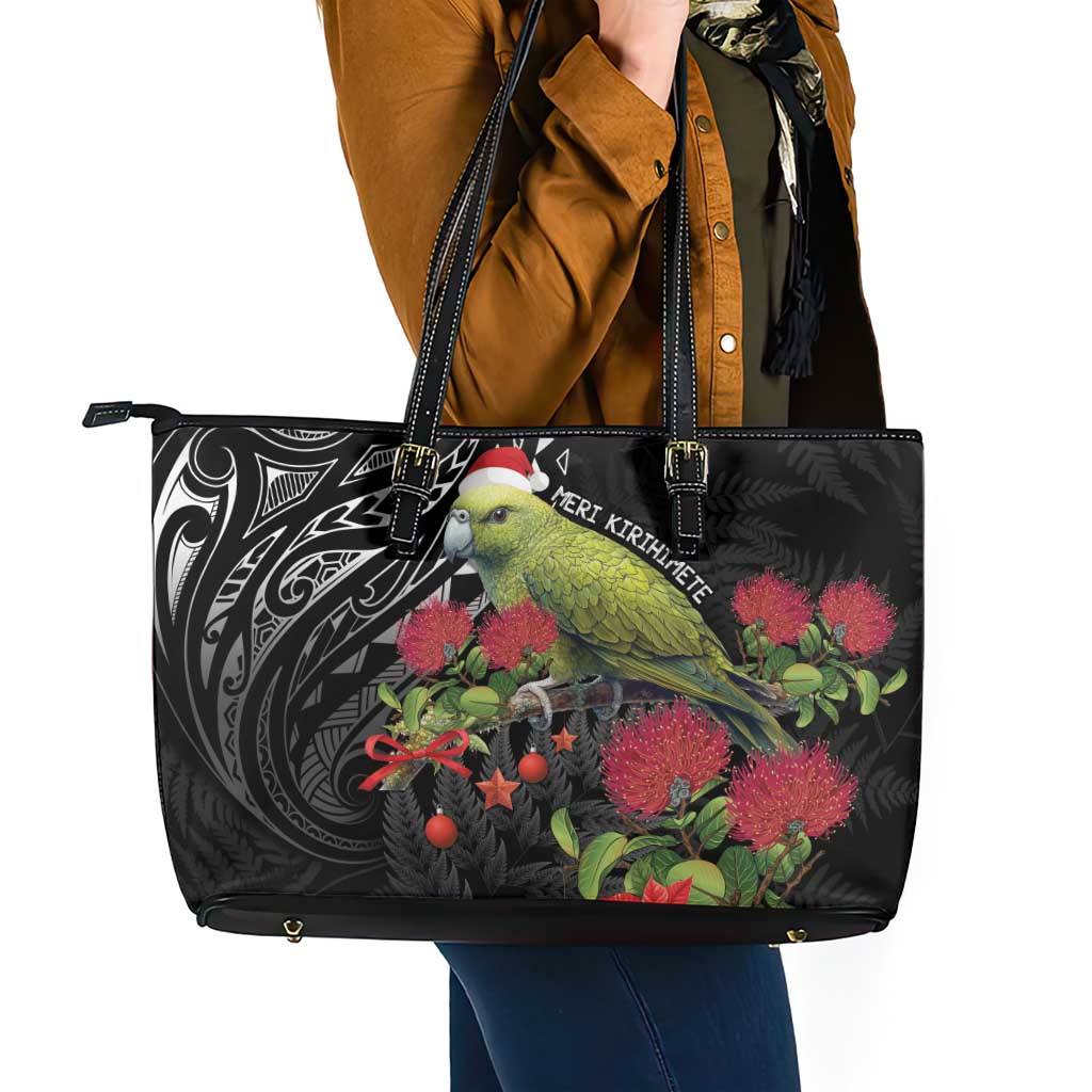 Meri Kirihimete Kakapo Leather Tote Bag Black Silver Fern Christmas Vibe LT9 - Polynesian Pride