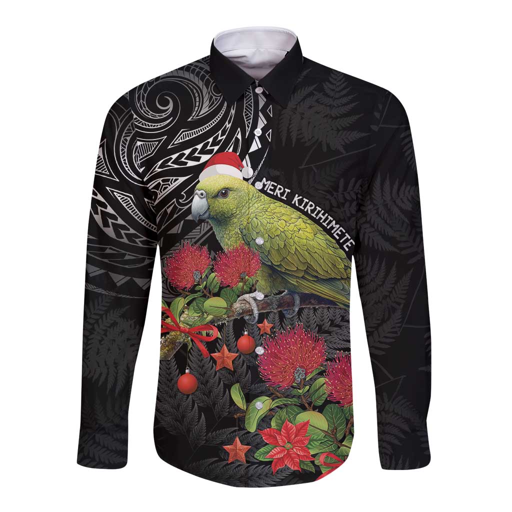 Meri Kirihimete Kakapo Long Sleeve Button Shirt Black Silver Fern Christmas Vibe LT9 Unisex Black - Polynesian Pride
