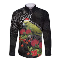 Meri Kirihimete Kakapo Long Sleeve Button Shirt Black Silver Fern Christmas Vibe LT9 Unisex Black - Polynesian Pride