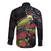 Meri Kirihimete Kakapo Long Sleeve Button Shirt Black Silver Fern Christmas Vibe LT9 - Polynesian Pride