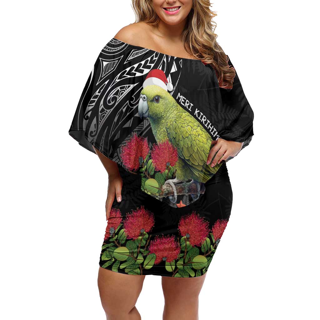 Meri Kirihimete Kakapo Off Shoulder Short Dress Black Silver Fern Christmas Vibe