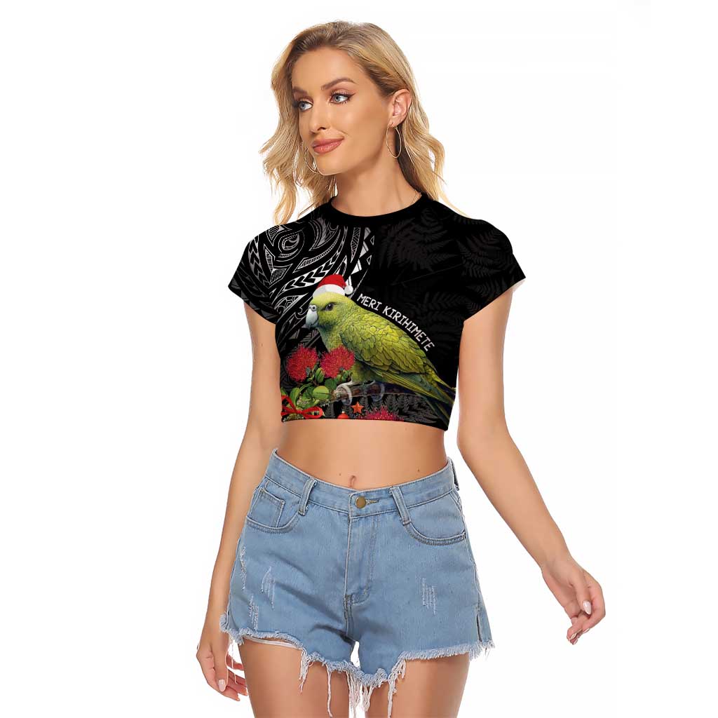 Meri Kirihimete Kakapo Raglan Cropped T Shirt Black Silver Fern Christmas Vibe LT9 Female Black - Polynesian Pride
