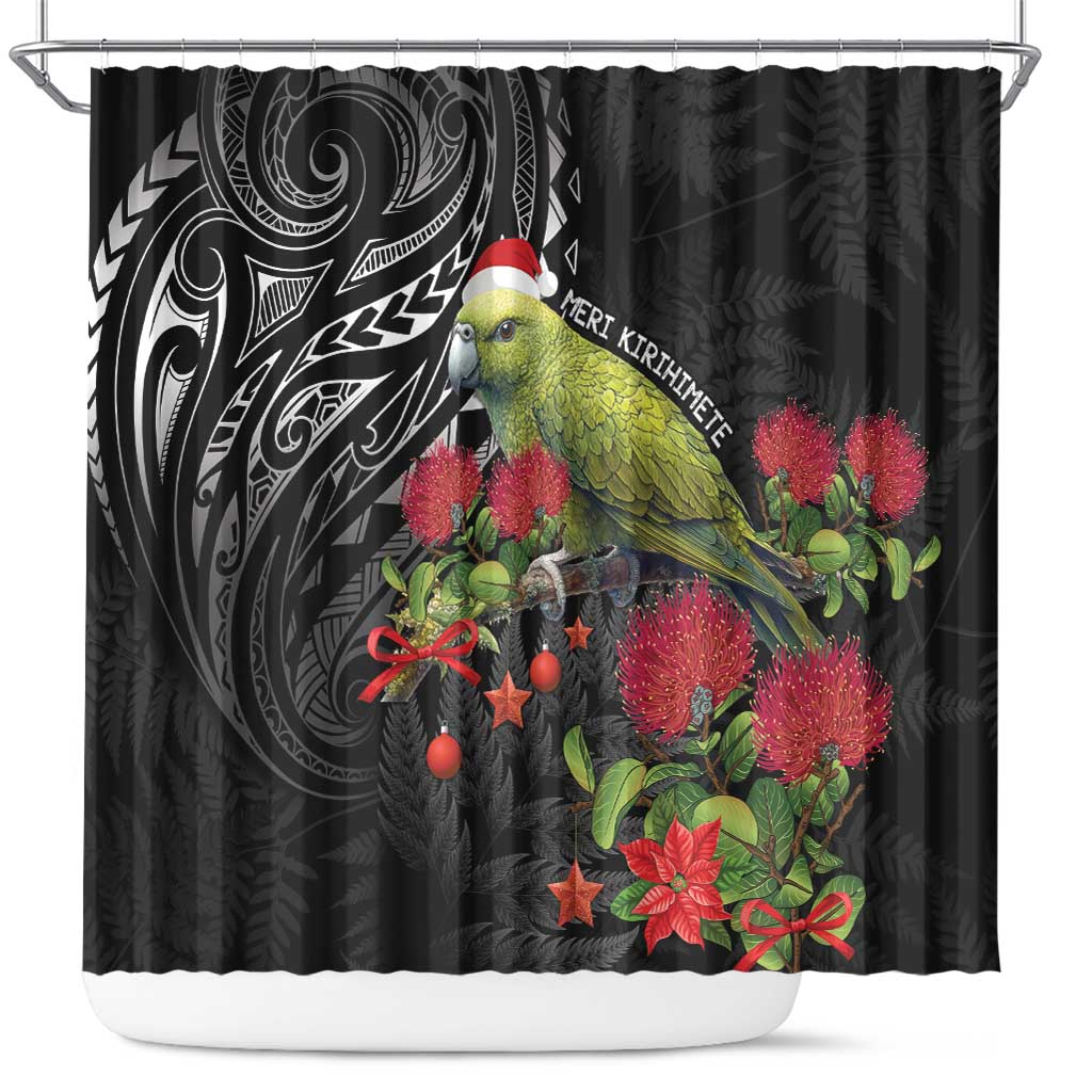 Meri Kirihimete Kakapo Shower Curtain Black Silver Fern Christmas Vibe