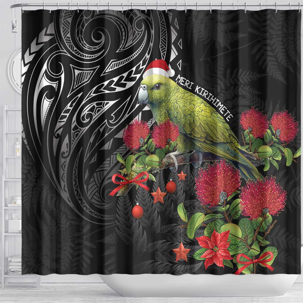 Meri Kirihimete Kakapo Shower Curtain Black Silver Fern Christmas Vibe LT9 - Polynesian Pride