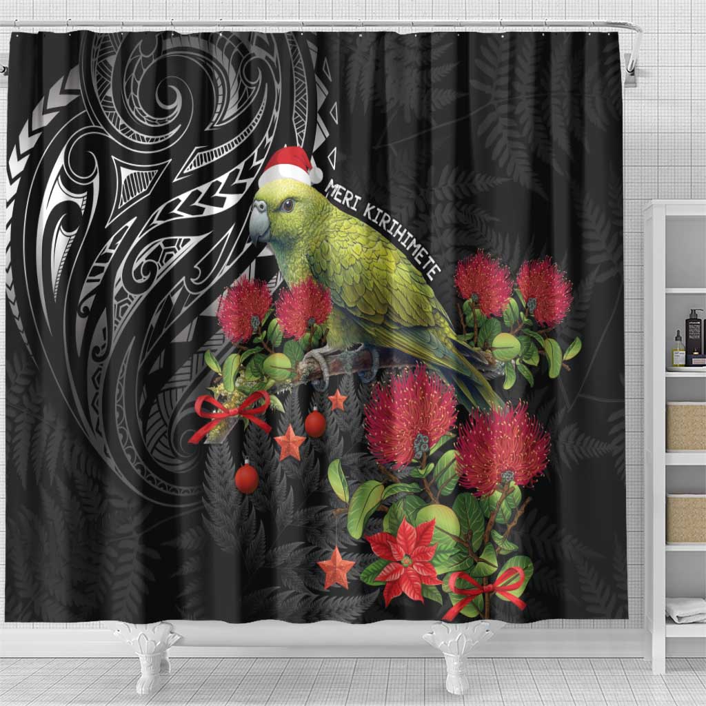 Meri Kirihimete Kakapo Shower Curtain Black Silver Fern Christmas Vibe LT9 - Polynesian Pride