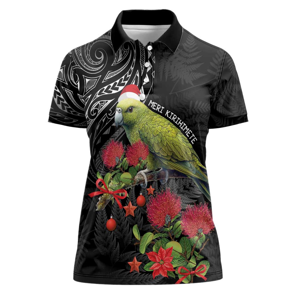 Meri Kirihimete Kakapo Women Polo Shirt Black Silver Fern Christmas Vibe