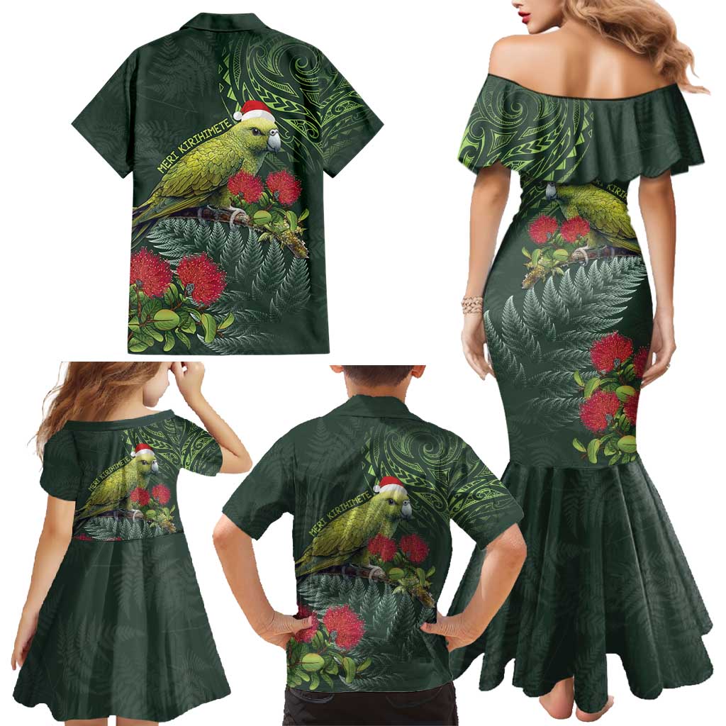 Meri Kirihimete Kakapo Family Matching Mermaid Dress and Hawaiian Shirt Green Silver Fern Christmas Vibe