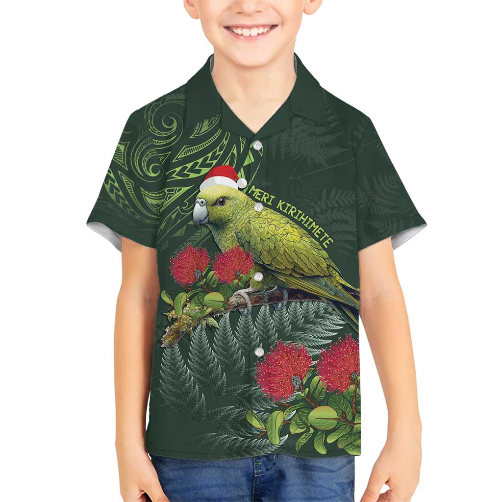 Meri Kirihimete Kakapo Family Matching Off Shoulder Maxi Dress and Hawaiian Shirt Green Silver Fern Christmas Vibe LT9 Son's Shirt Green - Polynesian Pride