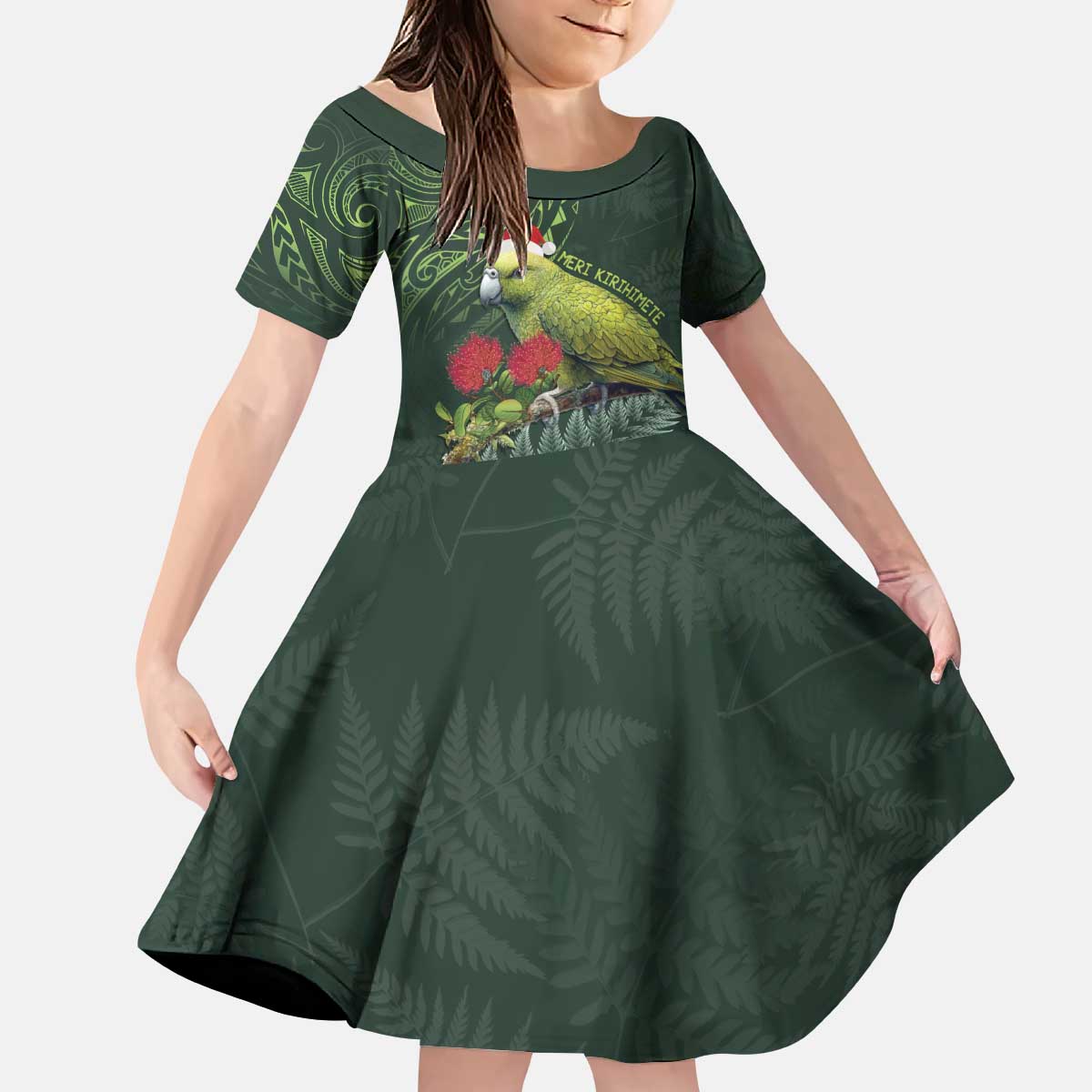 Meri Kirihimete Kakapo Kid Short Sleeve Dress Green Silver Fern Christmas Vibe LT9 KID Green - Polynesian Pride