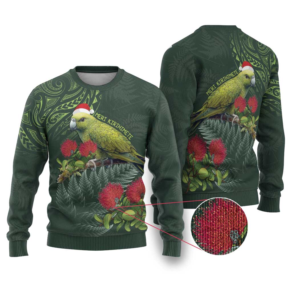 Meri Kirihimete Kakapo Ugly Christmas Sweater Green Silver Fern Christmas Vibe