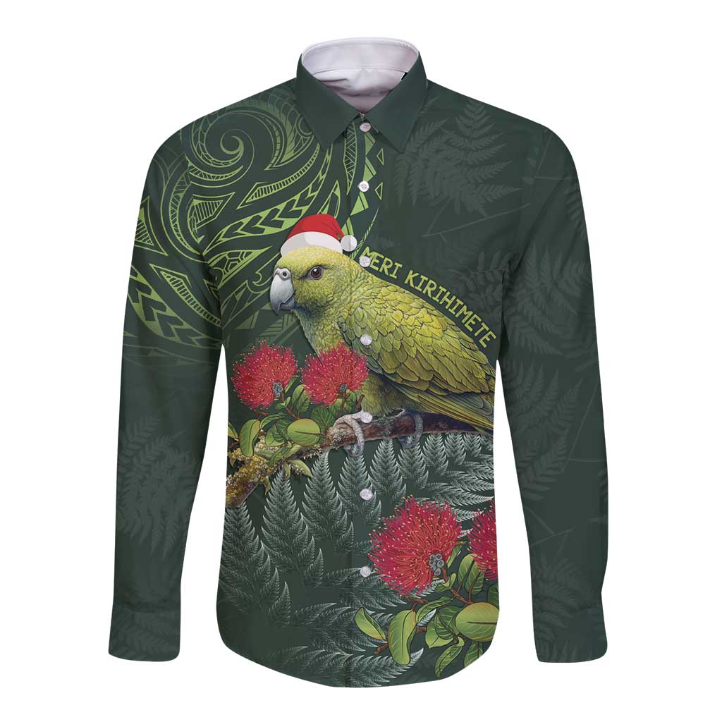 Meri Kirihimete Kakapo Long Sleeve Button Shirt Green Silver Fern Christmas Vibe LT9 Unisex Green - Polynesian Pride