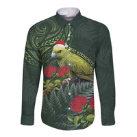Meri Kirihimete Kakapo Long Sleeve Button Shirt Green Silver Fern Christmas Vibe LT9 Unisex Green - Polynesian Pride
