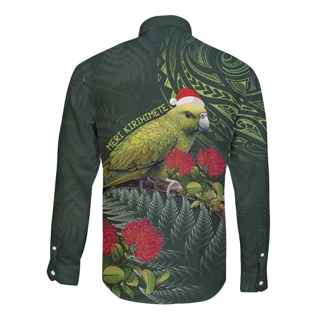 Meri Kirihimete Kakapo Long Sleeve Button Shirt Green Silver Fern Christmas Vibe LT9 - Polynesian Pride
